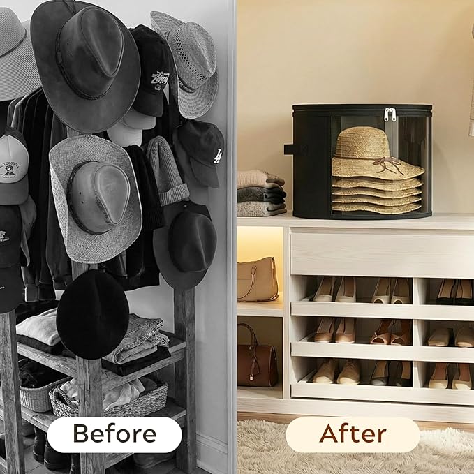 Ofiray-home 2 Pack Large Clear Hat Storage Boxes, Hold up to 7-9 Hats, Hat Organizer for Closet, Durable & Foldable, Hat Box with Carrying Handles for Round Brim, Wide-Brim, Cowboy, Sun Hat (Black)