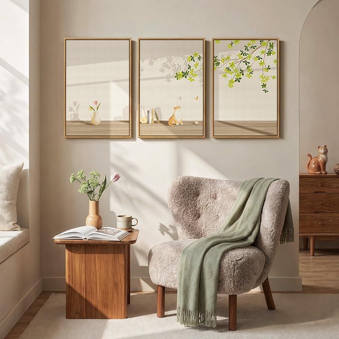 Framed Modern Neutral Wall Art for Living Room, 3 Piece Nature Summer Cozy Canvas Prints Painting, Minimalist Farmhouse Cat Botanical Peaceful Wall Decor for Bedroom Dining Room Office, 16x24 Inch