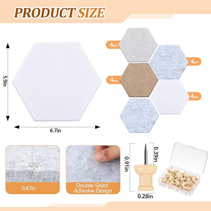 Mindsoft 16 Pcs Hexagon Cork Board for Walls with 50 Wooden Push Pins 6.7 x 5.9 in Felt DIY Tiles Notice with Nano Tape Hanging Bulletin Board for Home Photo Office Memo Note(Light Camel)
