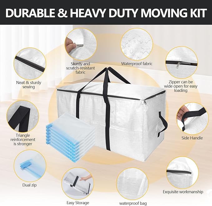 Extra Large Storage Bags Set Heavy Duty Moving Totes with Handles, Waterproof Dual-Way Carrying Design with Vacuum Storage Bag Combo,College Dorm,Traveling,Camping(6 Moving bag & 10 Vacuum Seal Bags)