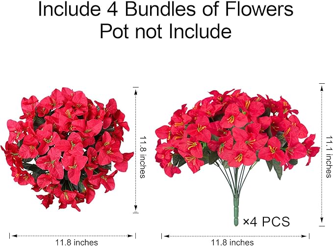 Faux Bougainvillea Artificial Plants Flowers for Outdoors Spring Outside Decor, 4 Bundles Red Fake Bougainvillea Silk Outdoor Flowers UV Resistant Look Real for Porch Patio Window Planter Garden Home