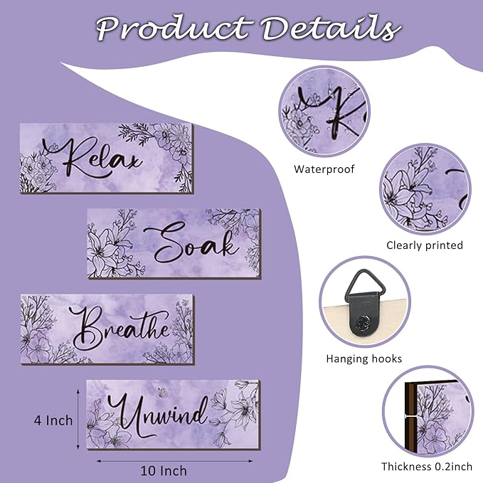 ONIZHITY 4-Piece Purple Floral Wall Art - Wooden Decor with Relax Soak Unwind Breathe Positive Hanging Art for Women's Bedroom & Living Room (10x4 Inches)
