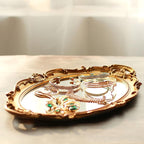 Polyresin Ellipse Antique Decorative Mirror Tray, Makeup Organizer, Jewelry Organizer, Serving Tray, 9.8”x 14.6”, Gold
