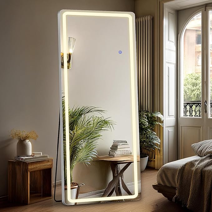 DUMOS LED Full Length Floor Mirror, 20"x63" Full Body Standing Mirror with Lights, 3 Color Lighting, Hanging or Leaning, Wall Mounted, Modern Simple Home Wall Decor, White