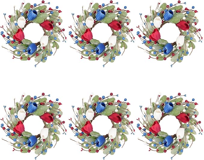 6 Pcs Red White and Blue Patriotic Wreaths, 9 Inch with Sage Green Lamb's Ear, Berry Stems & Tulips | 4th of July Memorial Day Front Door Decor