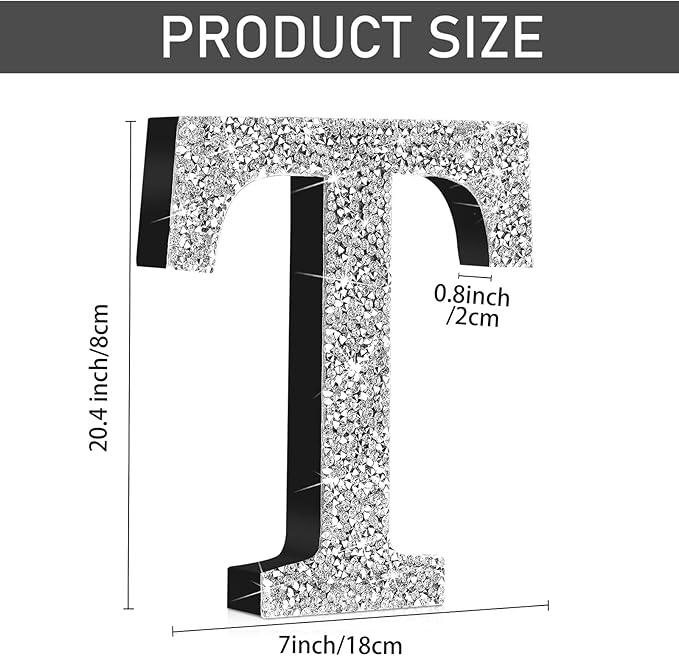 Qunclay 8'' Silver Crystal Diamond Bling Letters Crushed Diamond Decoration Wooden Glitter Letter with Screw and Hooks Rhinestone Gift for Wedding Y2k Mcbling Bedroom Wall Decor (Letter T)