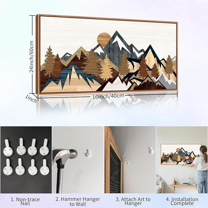 SIGNINART Vintage Mountain Framed Canvas Wall Art, Boho Sunrise Art Prints, Forest Nature Wilderness Art Paintings, Modern Farmhouse Woodcut Style Wall Decor for Living Room Bedroom, Office 20"x40"