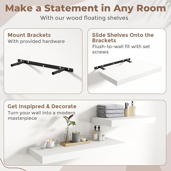 16 Inch Floating Shelves for Wall Set of 2, 12"D Wood Grain Bathroom Shelves with Invisible Brackets, Easy Install Engineered Wood Storage Shelves for Kitchen, Living Room, Bedroom, White Finish