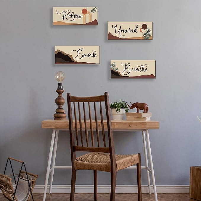ONIZHITY 4 Pcs Boho Bathroom Decor with Relax Soak Unwind Breathe Relaxing Quotes Bohemian Wooden Hanging Wall Art Farmhouse Abstract Decoration for Bedroom Living Room Office (10X4 Inch)