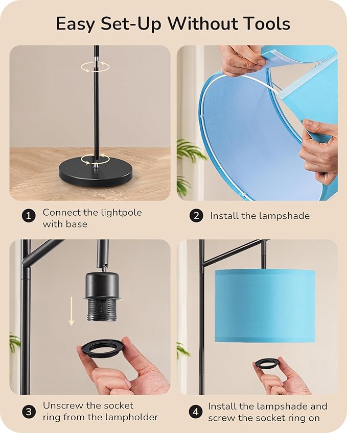 EDISHINE Modern Floor Lamps for Living Room, 64.7" Minimalist Standing Lamp with 3 Color Temperatures Bulb & Adjustable Linen Shade, Foot Pedal Switch, Arc Tall Lamp for Office Bedroom, Blue Shade