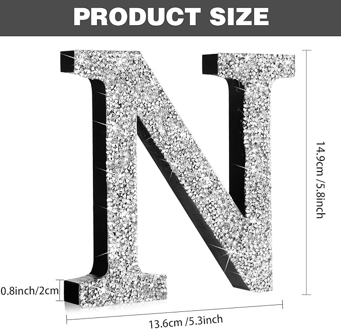 Qunclay 5.7" Silver Crystal Diamond Bling Letters Crushed Diamond Decoration Wooden Glitter Letter with Screw and Hooks Rhinestone Gift for Wedding Y2k Mcbling Bedroom Wall Decor (Letter N)