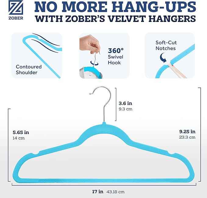 ZOBER Turquoise Velvet Hangers 50 Pack - Clothes Hangers, Coat Hanger for Pants & Dress Clothes - Non Slip w/ 360 Degree Swivel, Holds up to 10 lbs - Strong Felt Hanger for Clothing