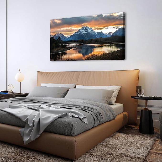 Large Mountain Wall Art for Living Room Sunset Nature National Park Posters Grand Teton Landscape Wall Decor Snake River Wyoming Scenery Canvas Prints Artwork for Bedroom Office Home Decoration 30x60"