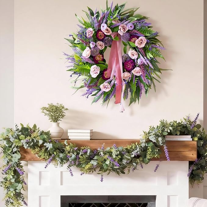 Spring Wreaths for Front Door 24 Inch Luxury Lavender Summer Wreath with Pink Ribbon,Artificial Peony & Rose Spring Door Wreath for Farmhouse Home Wall Porch Window Seasonal Display