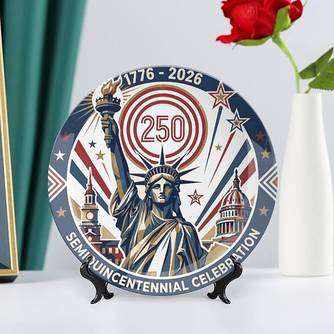 250th Anniversary Decorative Plates 10 Inch Liberty Patriotic Decorations Commemorative Plates with Stand Independence Day 4th of July Semiquincentennial Decor
