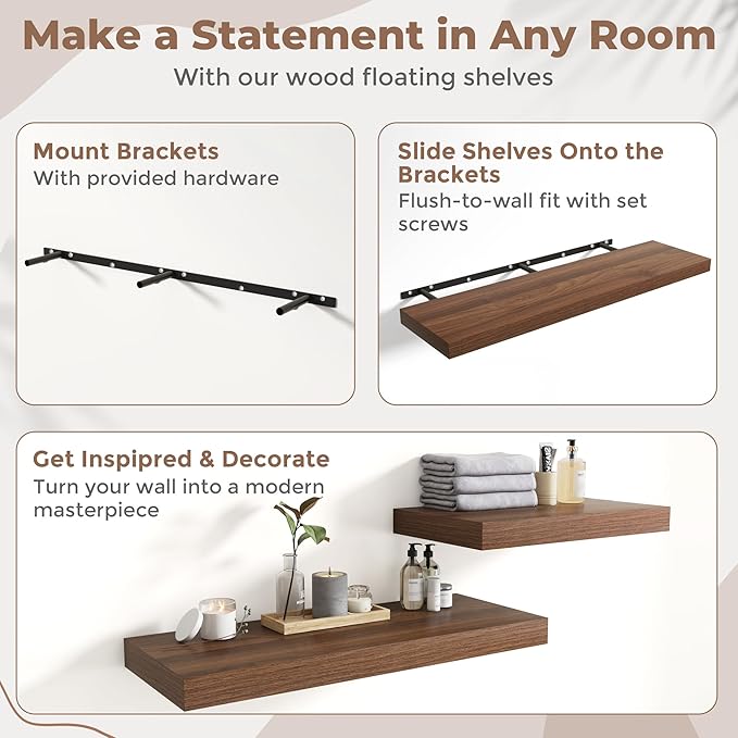 72 Inch Long Floating Shelves for Wall Set of 2, 12"D Wood Grain Bathroom Shelves with Invisible Brackets, Easy Install Engineered Wood Storage Shelves for Kitchen, Living Room, Bedroom, Walnut Finish