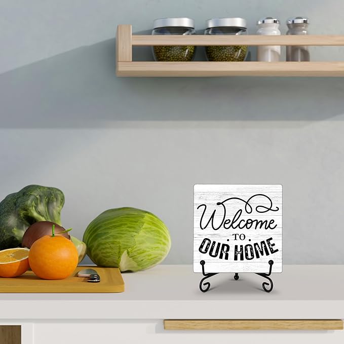 Welcome Home Sign, Welcome to Our Home Sign, Kitchen Decor and Accessories, Farmhouse Wooden Plaque with Iron Stand for Desk Shelf Decor-A16