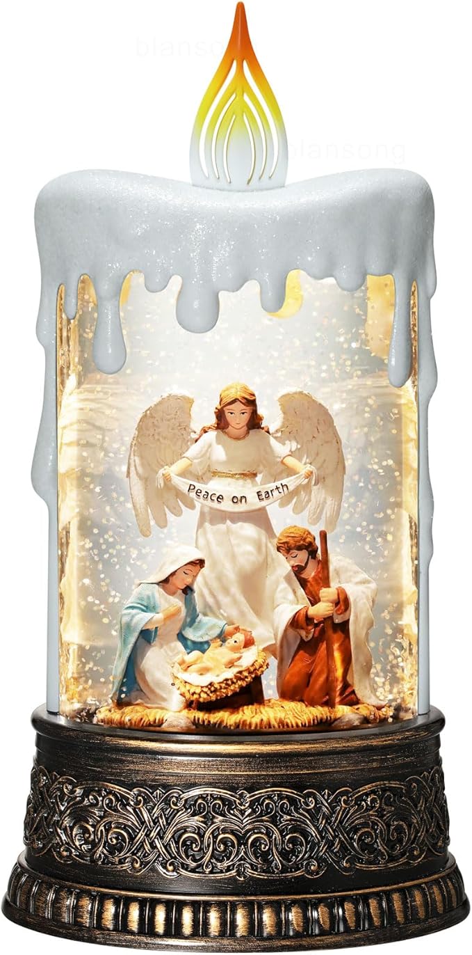 Nativity Snow Globe Candle Christmas Decorations Indoor Auto Snowfall Glitter Music Collection Angel Nativity Scene Peace on Earth with 6H Timer USB/Battery Powered 9.7 inch
