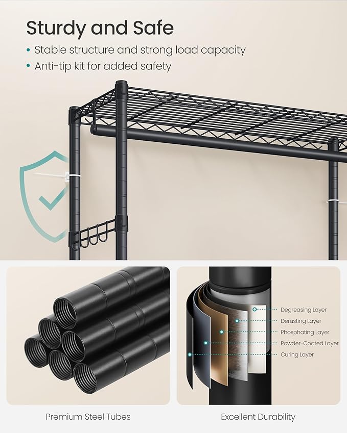 SONGMICS Heavy-Duty Rolling Clothes Rack, Garment Rack, Portable Closet on Wheels, with Adjustable Mesh Shelves and Hanging Rails, Hooks, 15.8 x 35.4 x 78.3 Inches, Ink Black ULGR416BH01