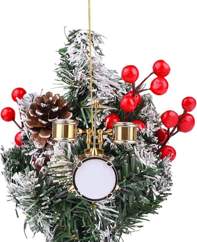 2.99" String Miniature Drum Set Hanging Ornament Brass Mini Musical Instrument Replica Music Birthday Gifts Holiday Tree Home Decoration Display Ornament Model (2.99", Drum)