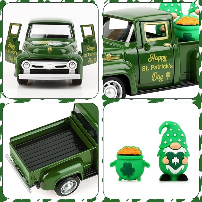Hxezoc St Patricks Day Shamrock Truck Decor Green Vintage Metal Truck Spring Farmhouse Tabletop Mantle Decoration for Home Kitchen Office St Patricks Day Theme Party Supplies