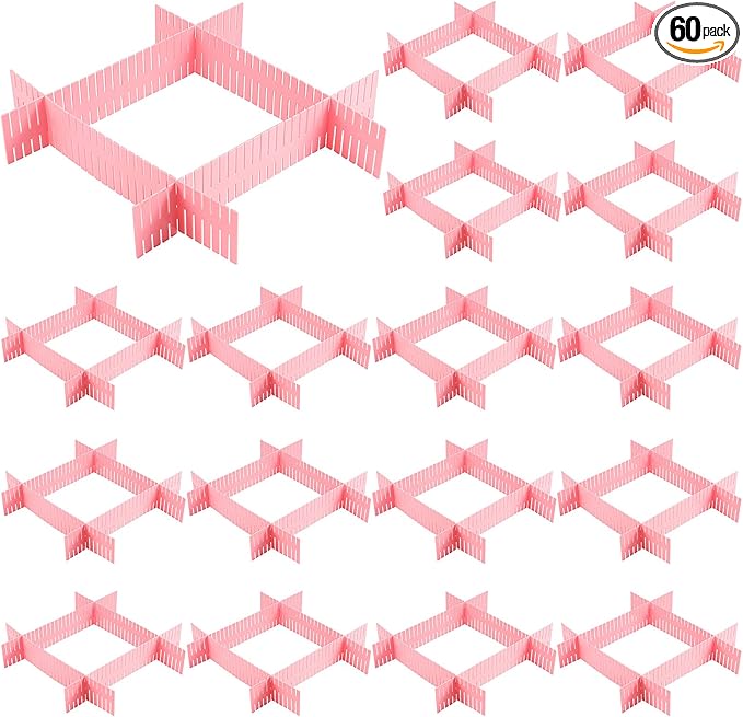 ZOENHOU 60 PCS DIY Drawer Divider Organizers, Pink Grid Drawer Dividers, Adjustable Premium Plastic Organizers for Makeup Drawers Desktop Kitchen Drawer Organizers and Storage, 12.6 x 2.76 Inch
