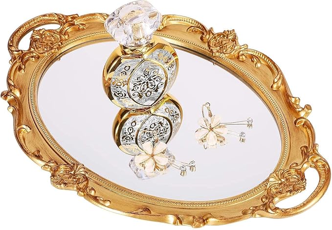Polyresin Ellipse Antique Decorative Mirror Tray, Makeup Organizer, Jewelry Organizer, Serving Tray, 9.8”x 14.6”, Gold