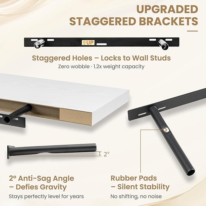 FLYJOE 24 Inch Long Floating Shelves for Wall Set of 2, 12" D Wood Grain Bathroom Shelves with Invisible Brackets, Easy Install Engineered Wood Storage Shelves for Kitchen, Living Room, Bedroom