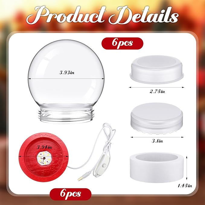 Irenare 12 Pcs 3.9 Inch DIY Snow Globe Kit, 6 Make Your Own Snow Globe Craft 6 LED Light Wood Base Clear Plastic Dome for Wedding Engagement Bridal Shower Decor Anniversary Wife Gift