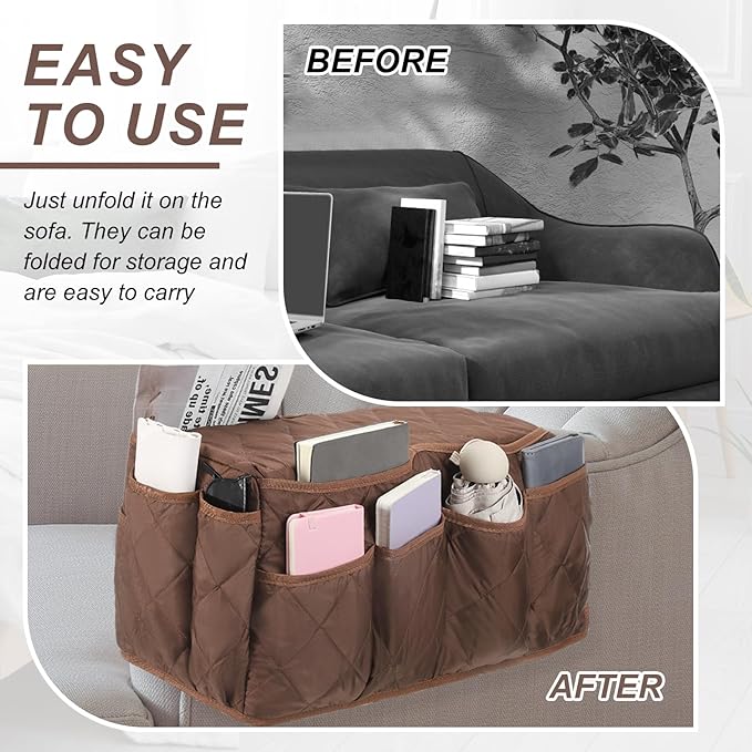 uxcell 2 Pcs Recliner Armchair Caddy, Couch Armrest Organizer with 14 Pockets for Bedside Sofa Remote Control Holder Magazine Phone Book Glasses (Brown, 20" x 7" x 9")