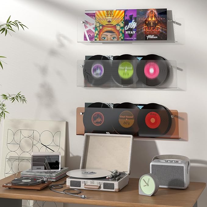 3 Pack Acrylic Magazine Holder and Vinyl Record Rack, 24" Wall-Mounted Display Shelf, Clear / Tea Brown / Ripple Pattern Wall Decor Racks for Living Room, Bedroom, or Music Room