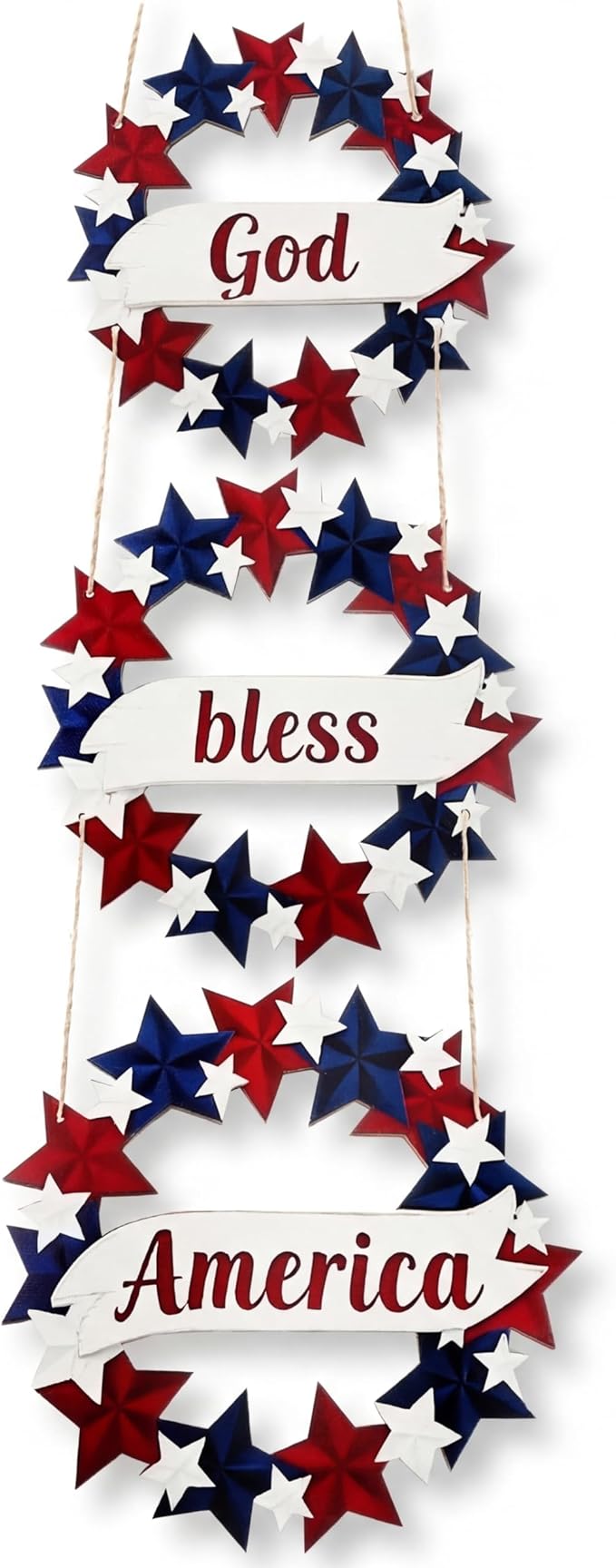 Peryiter 4th/Fourth of July Decoration 27 Inch Patriotic Wreath for Front Door Wooden Red White and Blue Star Sign Memorial Day God Bless America Decor for Porch Wall Outside, Assembly Required