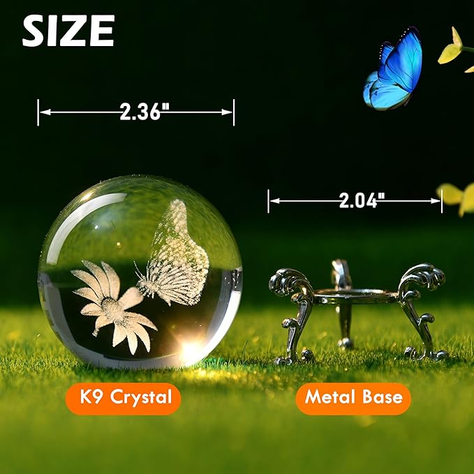 IFOLAINA 3D Butterfly Crystal Ball 60mm Gifts Ideas for Girlfriend Wife Mom Couple Her Butterfly on Sunflower in Glass Ball with Stand Flower Sphere Novelty Home Decor