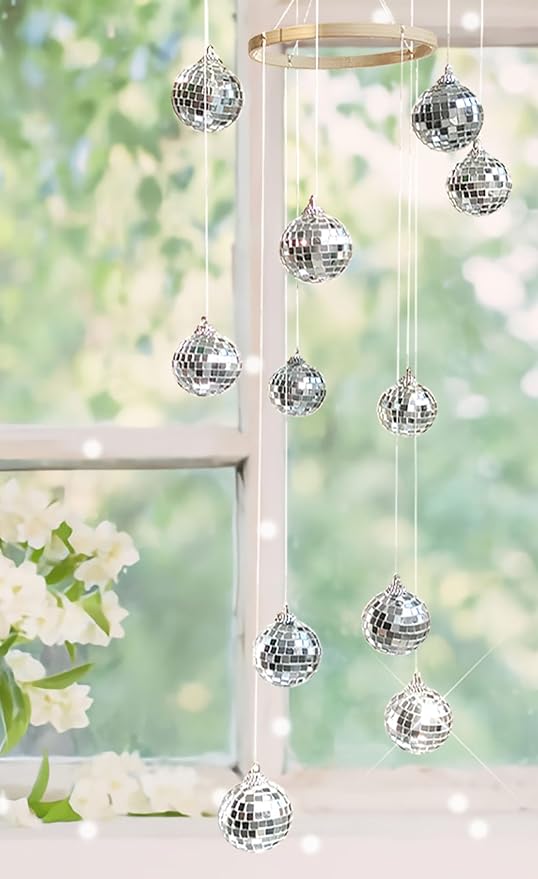 Disco Ball Mobile Spiral Spinner Ball 32 Inch Height with Bamboo Circle for Indoor Outdoor Yard Garden Patio Home Decoration and Party Weding Festival Birthday