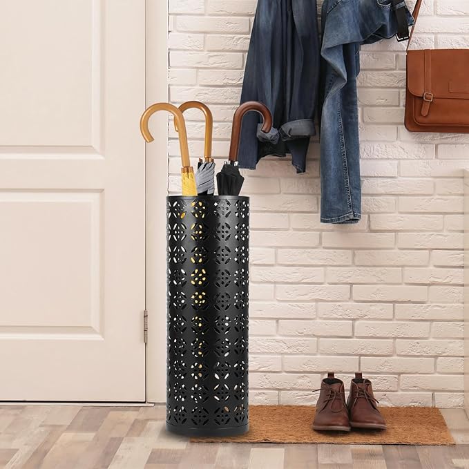 Umbrella Stand for Entryway, Metal Umbrella Holder, Freestanding Umbrella Stand Round Umbrella Holder Bin Waterproof Umbrella Storage Rack Indoor Walking Stick Holder for Home Entryway(15*42cm,Black)