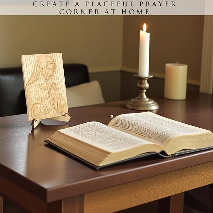 KATINAT Virgin Mary Wooden Plaque with Stand & Gift Box – Solid Wood Relief, Wall or Desk Catholic Home Altar & Prayer Corner Décor, Christian Christmas/Baptism/First Communion/Confirmation Gift