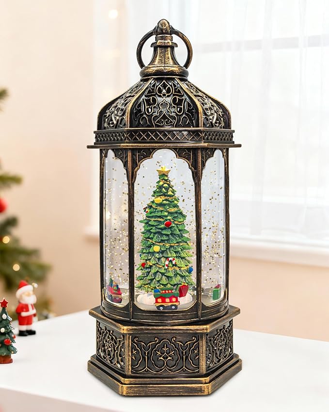 Large Christmas Snow Globes Light up Lantern with 8 Songs, 13" Christmas Tree & Rotating Train Snow Globe for Kids Adults, 6H Timer Dual Power, Snowglobes Christmas Decorations Indoor Gifts Women Men