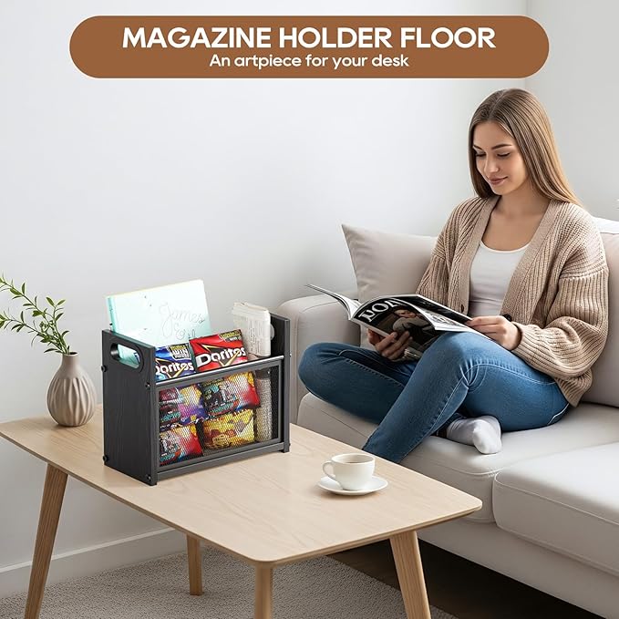 Magazine Rack Wood, Magazine Rack Floor Stand, Magazine Holder Storage Basket, Black File Storage Basket Box Bin Folder Organizer Stand for Letters, Magazines, Books, Newspapers