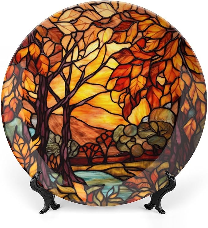 Thanksgiving Decorative Plates for Home Decor, Stained Glass Design Fall Tree Landscape Decor Tray for Table Display, Ceramic Dinner Plate W/ Stand, Decor for Kitchen, Housewarming Gifts, 10 Inch