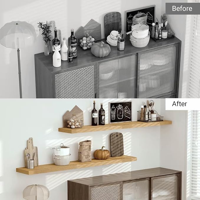 Vivelove 12" Deep Floating Shelves with Invisible Brackets, 72" Wall Shelves for Bathroom Bedroom Kitchen Living Room Laundry Room, Modern Rustic Shelves for Home Decor, 72"x12"x2", Set of 1, Oak