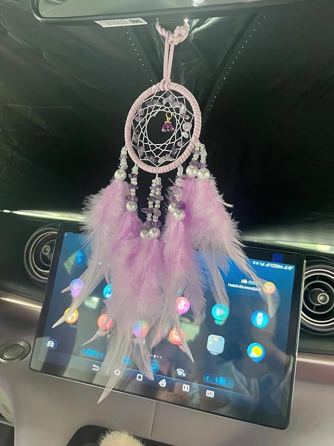Mini Lotus Dream Catcher for Car Rearview Mirror, Handmade Boho Car Hanging Charm, Black Feather & Crystal Car Mirror Decor, Auto Interior Ornament for Women(Purple)