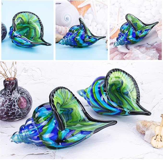 QFkris 8" Glass Conch Figurines, Hand Blown Seashell Art Glass Sculpture, Beautiful Home Decor, Crystal Paperweight