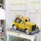 Vintage Farmhouse Yellow Fall Truck Decor, Rustic Metal Car Trucks Decors, Indoor Kitchen Storage Decorations, Outdoor Farm Pick-up Collectible Sunflower Pumpkin Vehicles