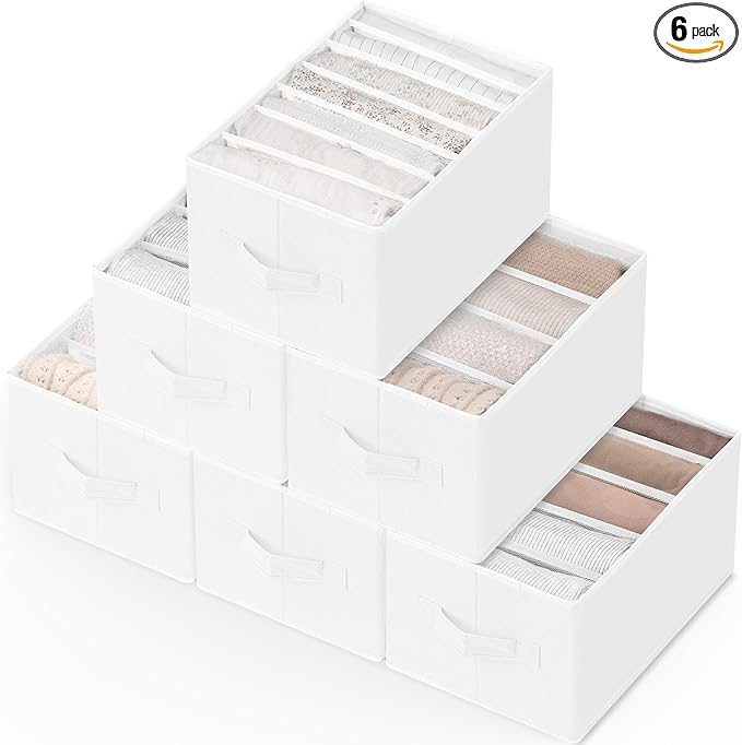 Criusia 6 Pack Large Clothes Organizer, Wardrobe Closet Organizer and Storage with Handles, Foldable Fabric Closet Organizers Dividers for Clothing, Pants, Jeans, Sweater, T-shirts, White