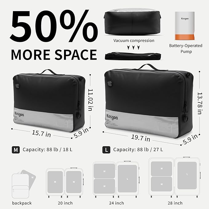 Vacuum Bags for Travel with Pump, Vacuum Compression Packing Bags for Travel Pack Vacuum Kit for Luggage Suitcase Carry On, IP67 Waterproof Odor & Tear-Proof Nylon (2 Pack + Pump Black)