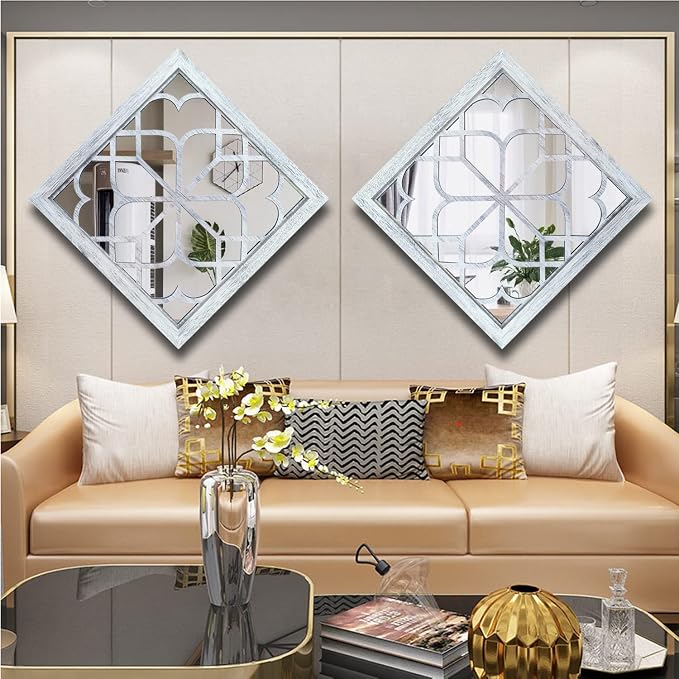 Wocred 2 PCS Square Wall Mirror,Gorgeous Rustic Farmhouse Accent Mirror,Rustic White Color Entry Mirror for Bathroom Renovation,Bedrooms,Living Rooms and More(16”x16”)