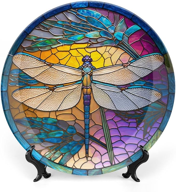 Decorative Plates for Wall Hanging, Stained Glass Window Design w/Dragonfly Ceramic Plate, Wobble-Plate with Display Stand, Home Decor for Kitchen Cabinets, Farmhouse Round Tray 7 Inch