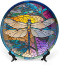 Decorative Plates, Stained Glass Window Design w/Dragonfly Display Plate for Home Office Kitchen Table Decor Porcelain Plates 8 Inch, Birthday Gifts