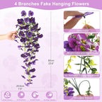 Fake Artificial Flowers for Outdoors, 4 Pcs Faux Hanging Pansy Flowers Spring Summer Decor, UV Resistant No Fade Fake Plants Silk Flower for Planter Front Door Porch Patio Yard Garden(Mixd Purple)