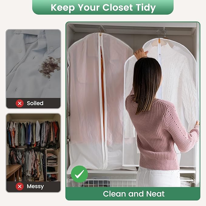 12 Pack Garment Bags for Hanging Clothes - Translucent Dress Bag for Closet Wardrobe Storage Travel - 24" x 49"